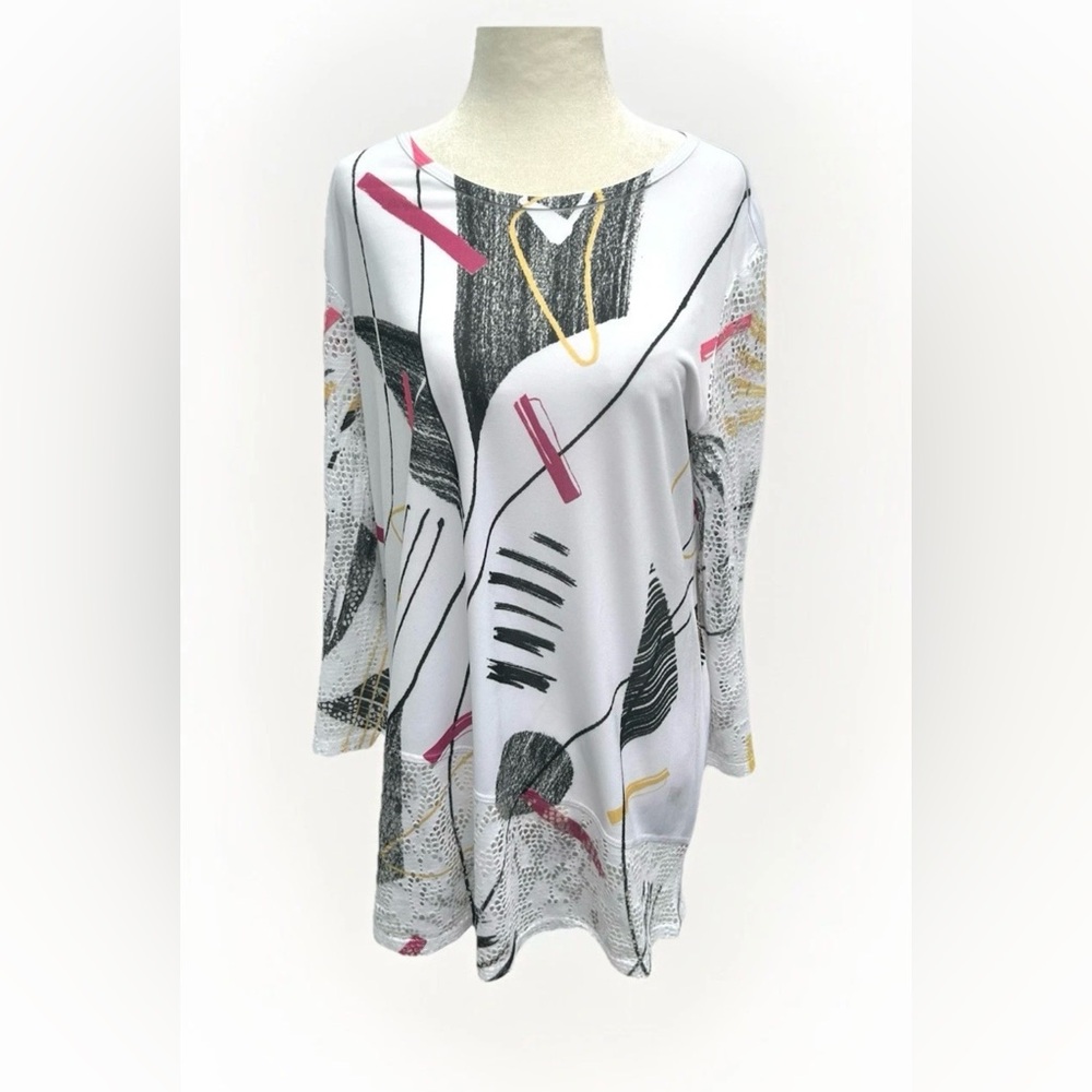 Jess & Jane Tunic Top Paint Splatter 3/4 Sleeve Boho Artsy Lagenlook M Mesh